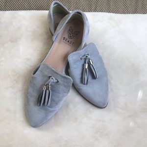 Grey Suede Tassel Slip On Mules Flats